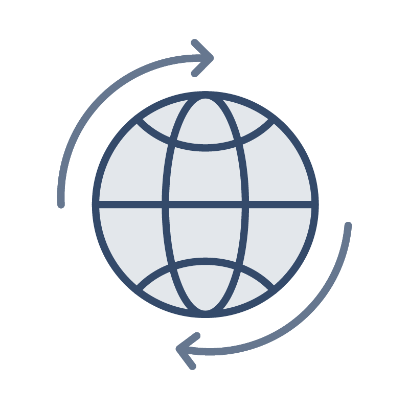 Trade/Tariffs icon. World icon with arrows revolving around it.